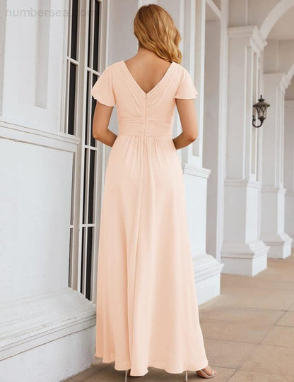 Numbersea Chiffon Bridesmaid Dress Cap Sleeves Maxi Prom Gowns Party Wedding Mother of The Bride Dresses for Women SEA28047-numbersea