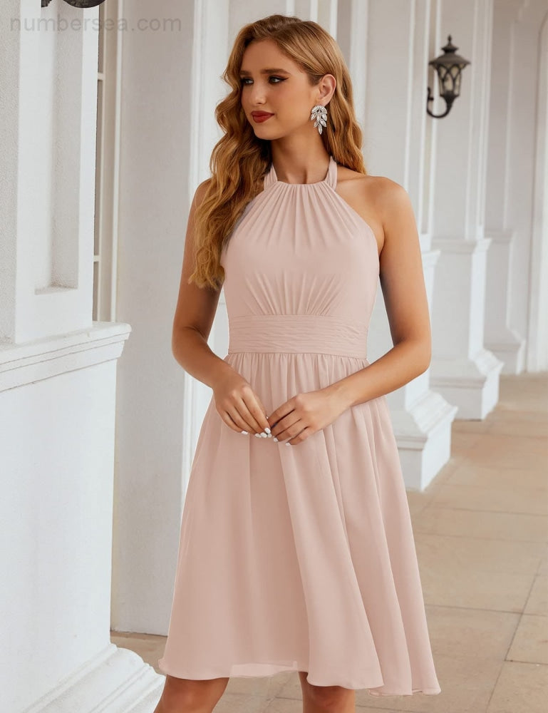 Numbersea Halter Chiffon Bridesmaid Dresses Short Sleeveless Formal Party Dress Open Back Sea28023