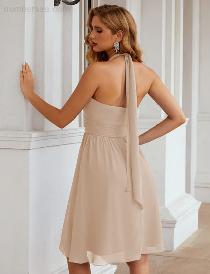 Numbersea Halter Chiffon Bridesmaid Dresses Short Sleeveless Formal Party Dress Open Back Sea28023