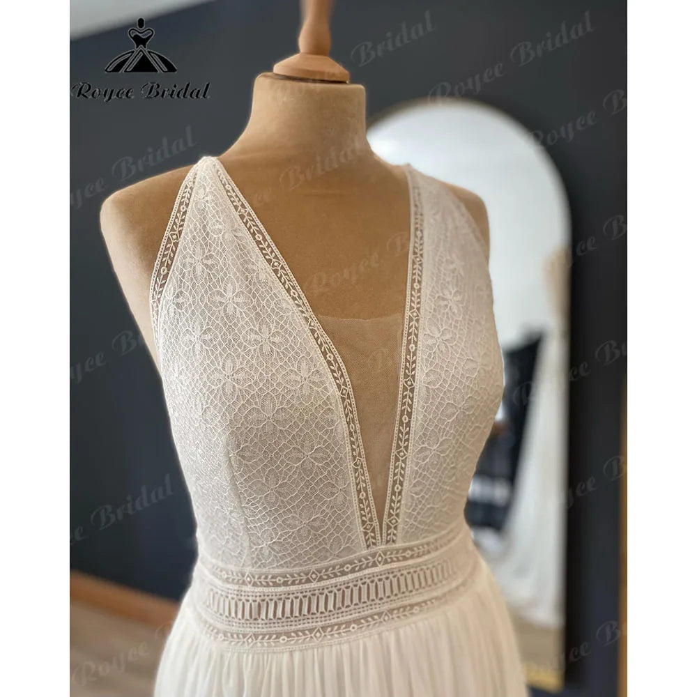 Plunging Boho Deep V Neck Lace Chiffon Wedding Dress for Women 2024 Off Shoulder Beach Bridal Gown Summer abito da sposa Elegant