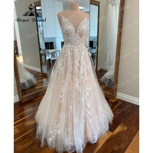 NumberSea Plunging Lace Beach Blush Pink Spaghetti Wedding Dress for Women 2025 Wedding Gowns for Women Bridal Reception Gown NumberSea