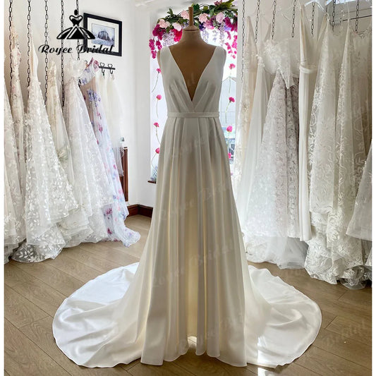 Plunging Soft Satin Pleats Deep V Neck Boho Sleeveless Wedding Dress for Women 2024 Bridal Gown abito da sposa NumberSea