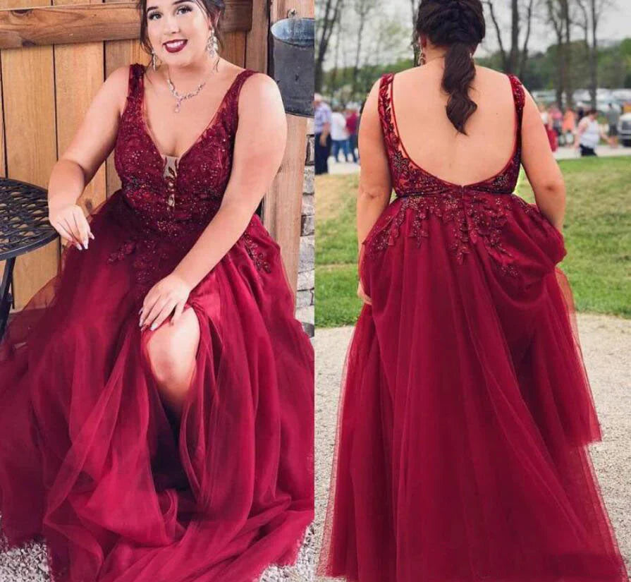 Plus Size Prom Dresses A Line V Neck Tulle With Beads