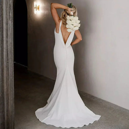 Wedding Dresses Plus Size Detachable Drape Back V-neck Trumpet Satin