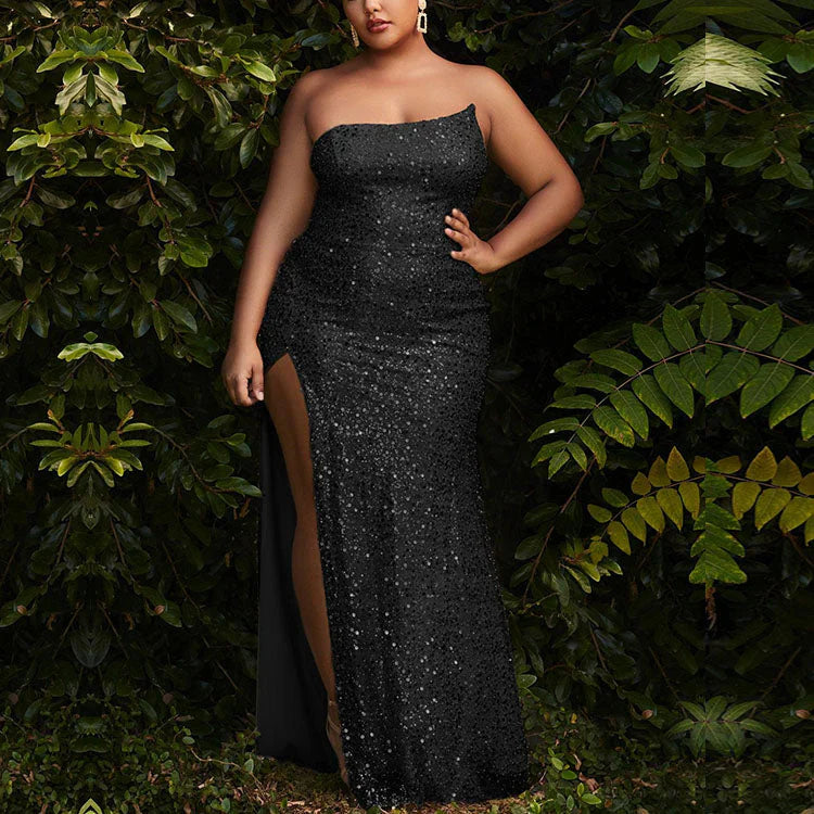 Plus Size Prom Dresses Mermaid Strapless Sequins With Slit