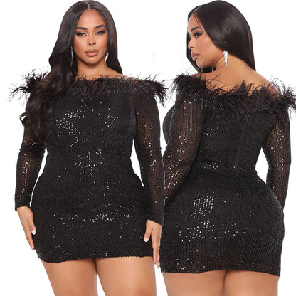 Plus Size Prom Dresses Off The Shoulder Sequins Short With Feather