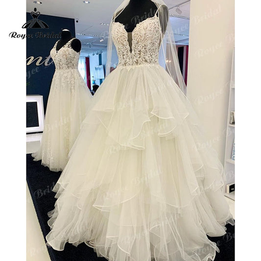 NumberSea Prinzessin A-Linie Spaghettiträger Hochzeitskleid Tiefem V-Ausschnitt Spitzenmieder Boho Strand Perlenverzierung Hochzeitspartykleider Robe De Mariée 