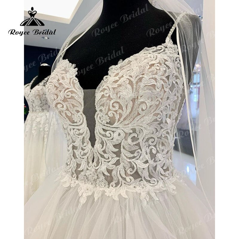 NumberSea Princess A Line Spaghetti Straps Wedding Dress Deep V Neck Lace Bodice Boho Beach Beadings Wedding party dresses Robe De Mariée