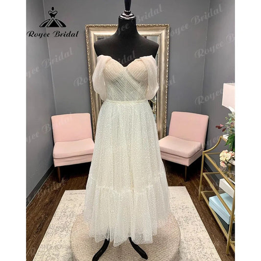 Princess Polka Dots Off Shoulder Short Wedding Dress with Short Cap Sleeve 2024 Wedding Bridal Receipt Party Gown NumberSea