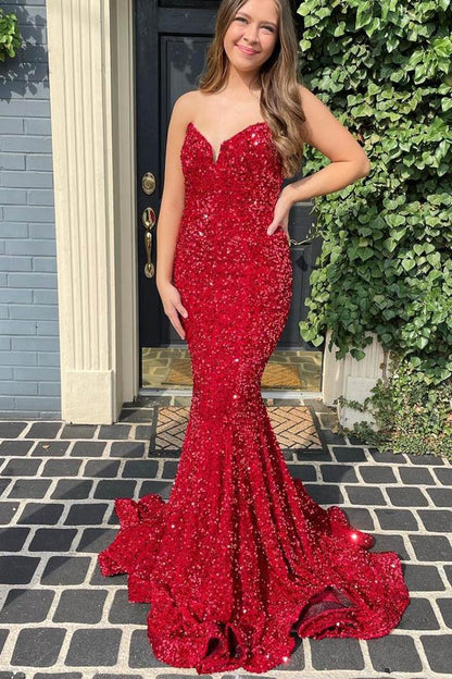 Mermaid Sequins Strapless Prom Dresses