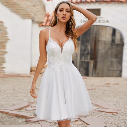 Wedding Dress A Line Spaghetti Straps V Neck Applique Glitter Tulle Short Bridal Gown Backless  Dresses for Bride