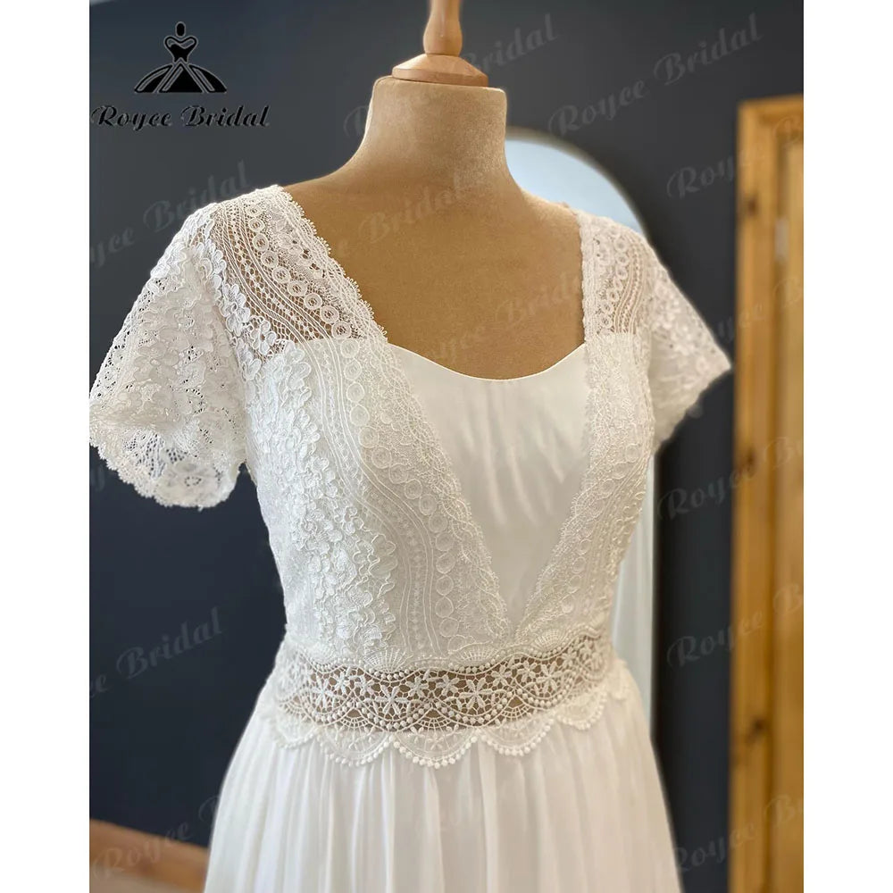 Robe Bohemian Civil A Line Boho Lace Bodice Chiffon Beach Wedding Gown with Short Sleeve Women Bridal Dress sukienka na wesele