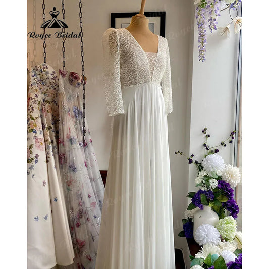 Robe Chic Boho Langarm V-Ausschnitt Spitze Mieder Chiffon Hochzeitskleid für Frauen 2024 Strand Braut Hochzeitskleid Robe de Soirée 