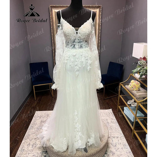 Robe Civil Long Sleeve Lace V Neck Open Back Off Shoulder Wedding Dress 2024 Elegant Bridal Gown robe de mariée NumberSea