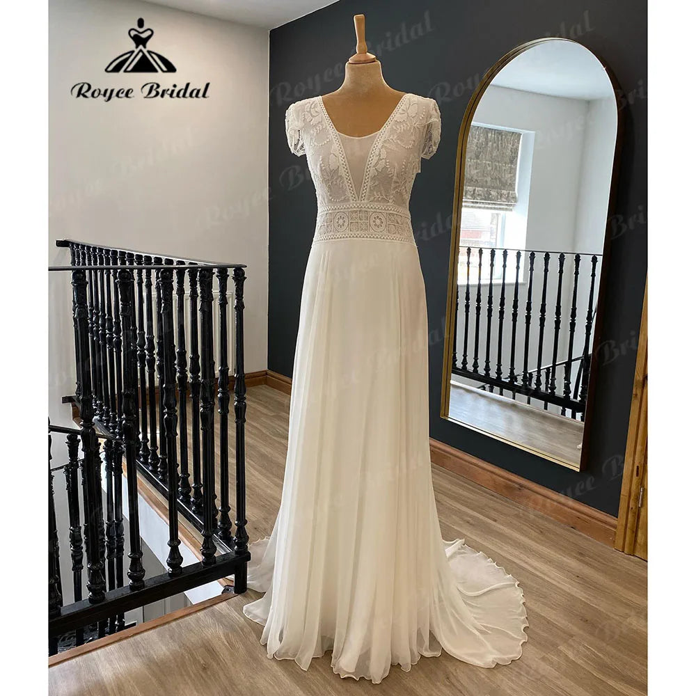 Robe De Mariée Bohemian Beach Lace Bodice Chiffon Boho Wedding Dress with Short Cap Sleeve 2024 Women Bridal Gown NumberSea