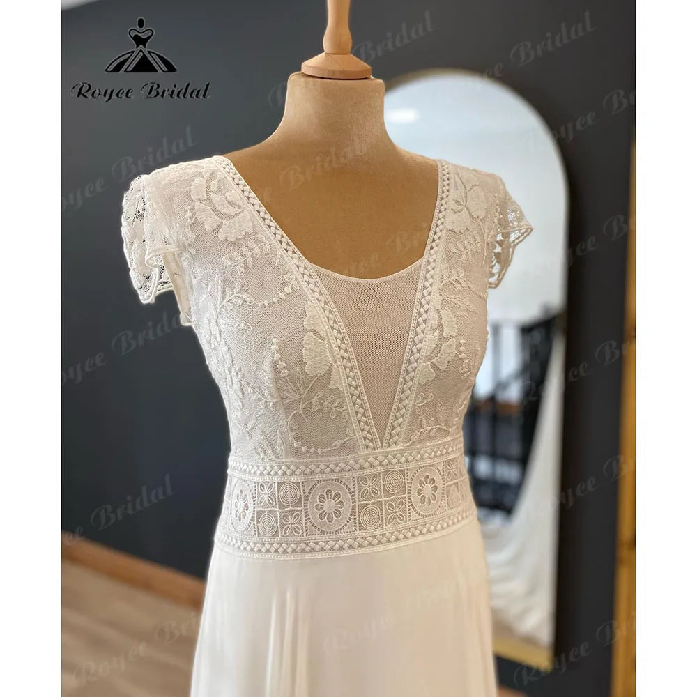 Robe De Mariée Bohemian Beach Lace Bodice Chiffon Boho Wedding Dress with Short Cap Sleeve 2024 Women Bridal Gown NumberSea