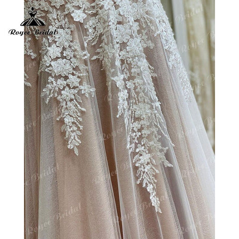 Robe De Mariage Ungefüttertes Mieder FLowy A-Linie Blush Pink Brautkleid Flügelärmel Spitze Applikation Rückenfrei Robe Soirée Mariage 2022