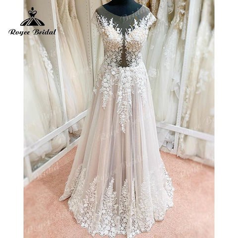 Robe De Mariage Ungefüttertes Mieder FLowy A-Linie Blush Pink Brautkleid Flügelärmel Spitze Applikation Rückenfrei Robe Soirée Mariage 2022