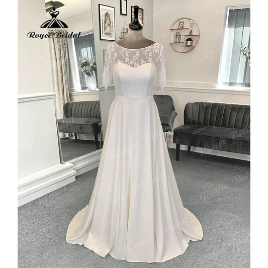 Robe Mariee A Line Boho Lace Bodice Soft Satin Wedding Gown with Short Sleeve 2024 Bridal Wedding Dress vestido de noiva simples