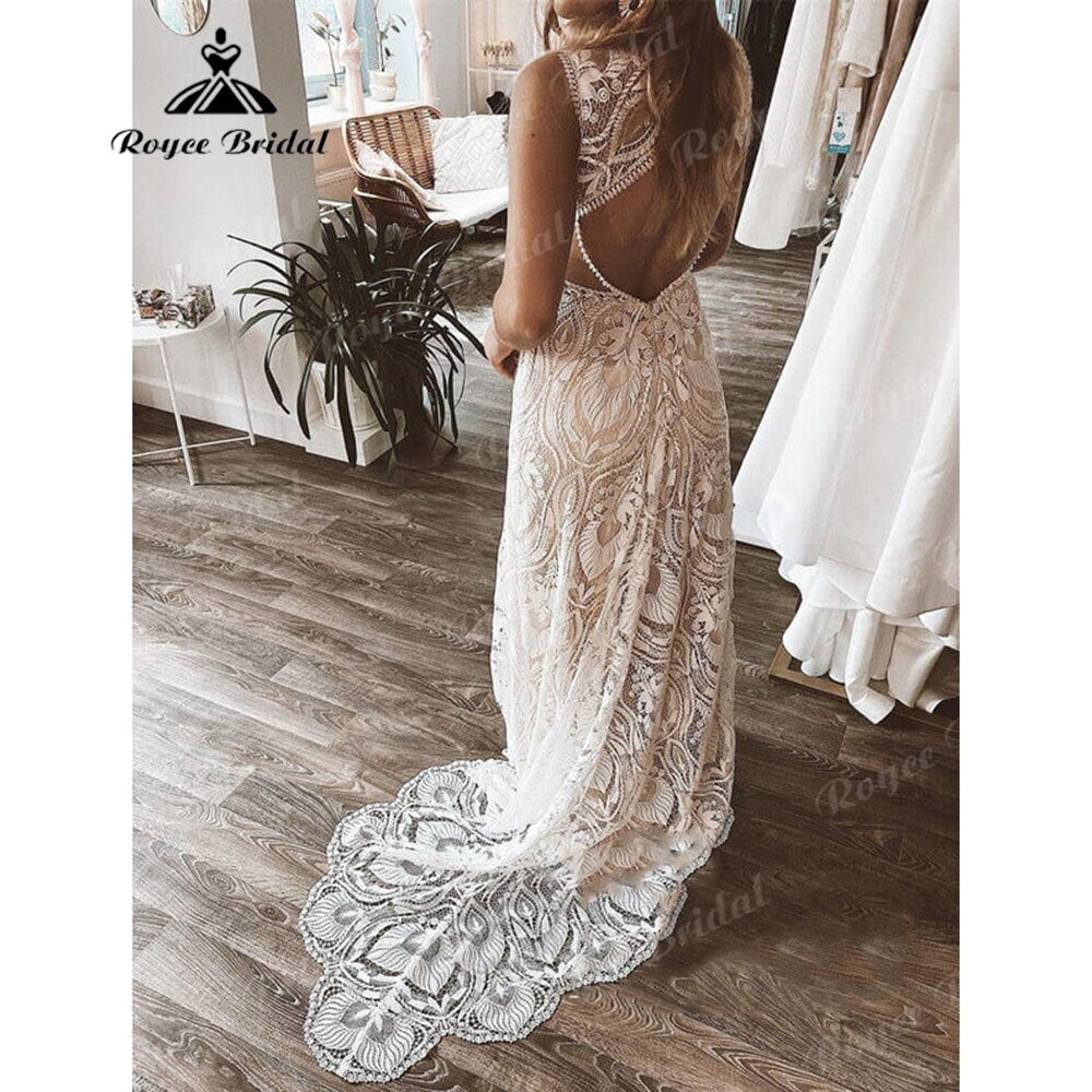 Robe Mariee Boho Lace Bohemian Mermaid Wedding Dress Open Back Beach Sleeveless 2025 Wedding Bridal vestido de noiva Elegant