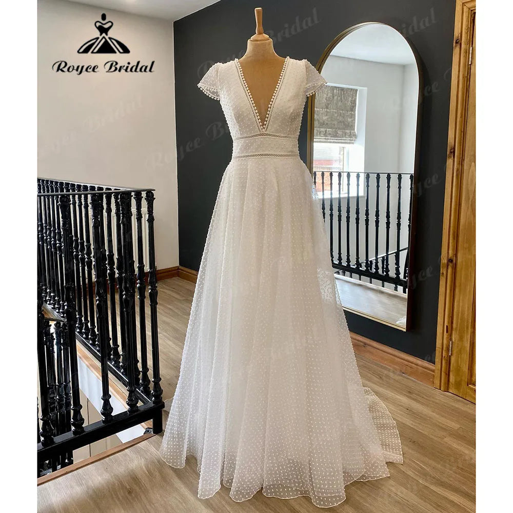 Robe Plunging V Neck Bohemian Boho Polka Dots Wedding Gown for Bridal 2024 Bridal Dress with Short Cap Sleeve Vestidos de Novia