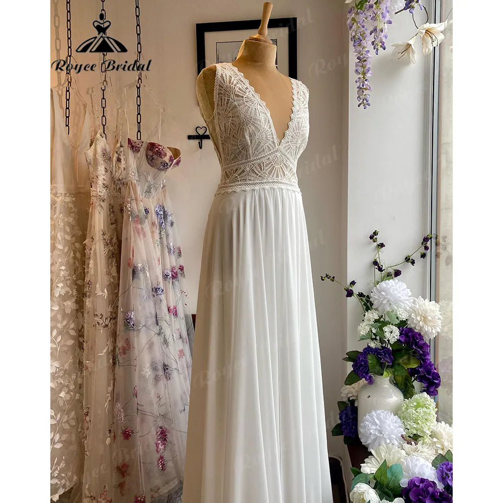 Robe Sommer Spitze Mieder Chiffon Boho V-Ausschnitt Hochzeitskleid für Frauen 2024 Brautkleid Nach Maß Vestido De Novia NumberSea