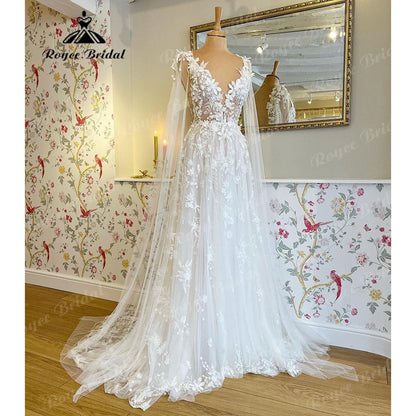 Romantic Lace Floral Fairy Beach Wedding Dress with Deep V Neck 2025 Bridal Gown Wedding vestido largo invitada boda NumberSea