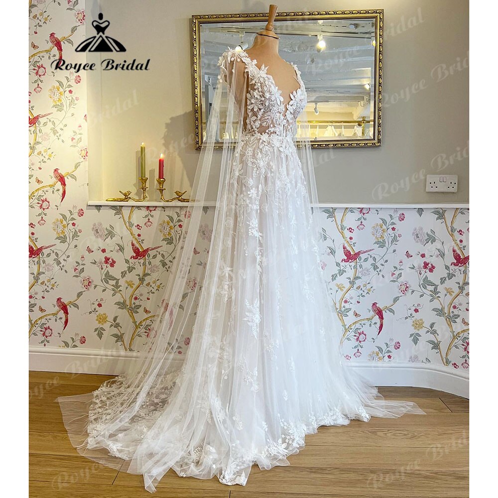 Romantic Lace Floral Fairy Beach Wedding Dress with Deep V Neck 2025 Bridal Gown Wedding vestido largo invitada boda NumberSea