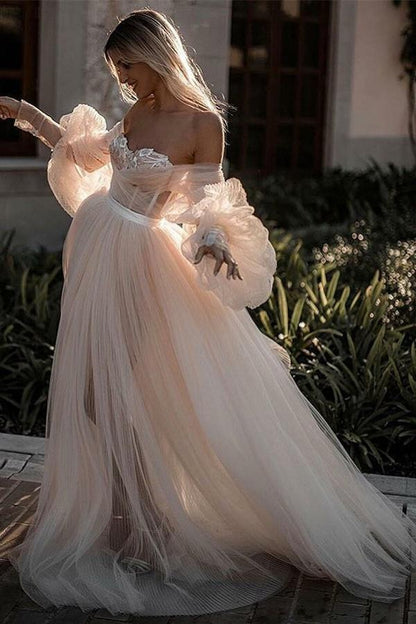 NumberSea Romantic Backless Beach Wedding Dresses With Sleeves, Bridal Dress, MW525