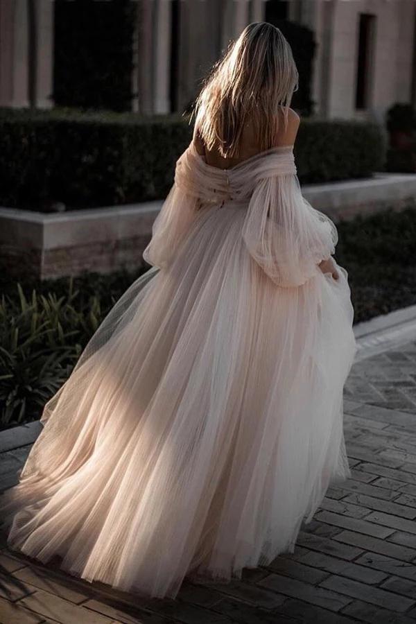 NumberSea Romantic Backless Beach Wedding Dresses With Sleeves, Bridal Dress, MW525