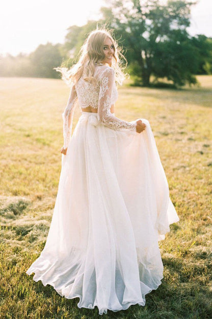 NumberSea Romantic Ivory Chiffon Two Piece Long Sleeves Wedding Dresses with Lace, MW521