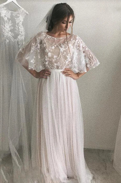 NumberSea Romantisches A-Linien-Brautkleid mit Spitze und halblangen Ärmeln und kurzer Schleppe, MW575