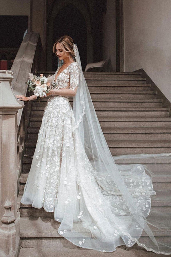 NumberSea Romantic Lace A-line V-neck Long Sleeves Wedding Dresses, Bridal Gown, MW681