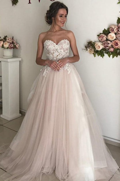 NumberSea Romantic Tulle Lace A-Line Sweetheart Boho Wedding Dresses, Bridal Gown, MW700