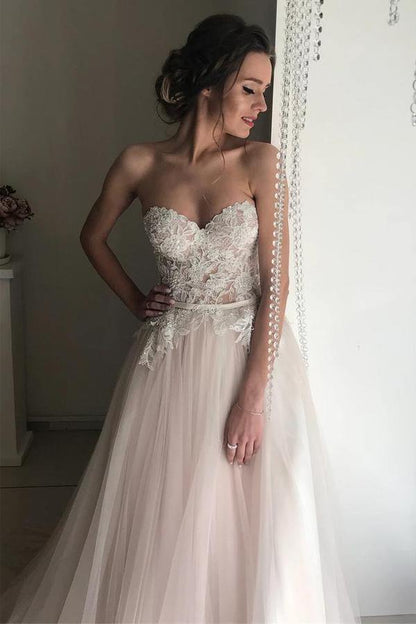 NumberSea Romantic Tulle Lace A-Line Sweetheart Boho Wedding Dresses, Bridal Gown, MW700