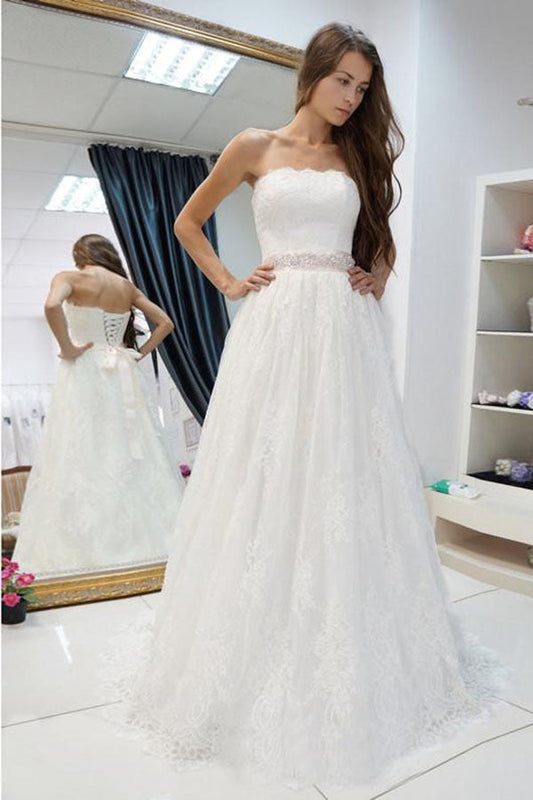 NumberSea Romantic White A-line Lace Off Shoulder Wedding Dresses, Bridal Gowns, MW601