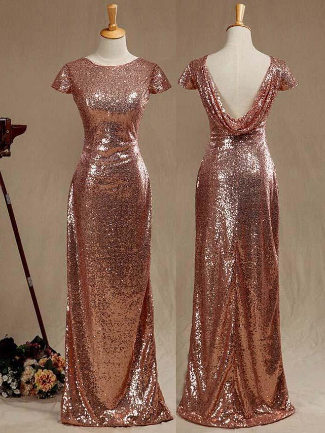 NumberSea - Rose Gold Sequin Bridesmaid dress Cowl Back Cap Sleeves Scoop neck