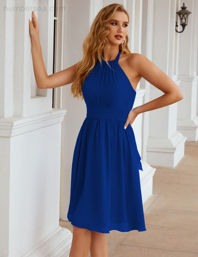 Numbersea Halter Chiffon Bridesmaid Dresses Short Sleeveless Formal Party Dress Open Back Sea28023