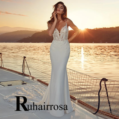 Ruhair Elegant Mermaid Wedding Dresses Appliques Spaghetti Straps Backless Buttons For Women Robe De Mariée Formal Brides Gown