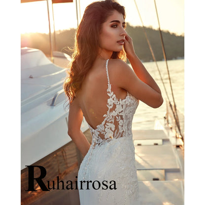 Ruhair Elegant Mermaid Wedding Dresses Appliques Spaghetti Straps Backless Buttons For Women Robe De Mariée Formal Brides Gown