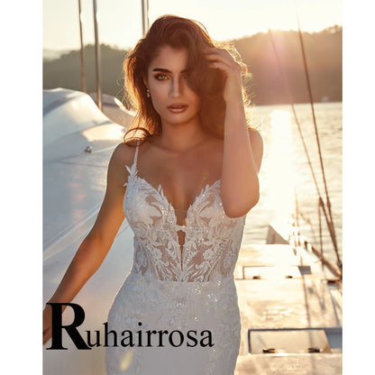 Ruhair Elegant Mermaid Wedding Dresses Appliques Spaghetti Straps Backless Buttons For Women Robe De Mariée Formal Brides Gown