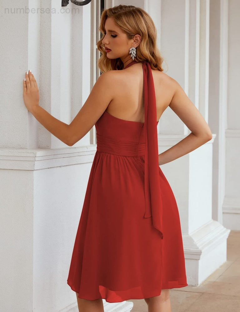 Numbersea Halter Chiffon Bridesmaid Dresses Short Sleeveless Formal Party Dress Open Back Sea28023