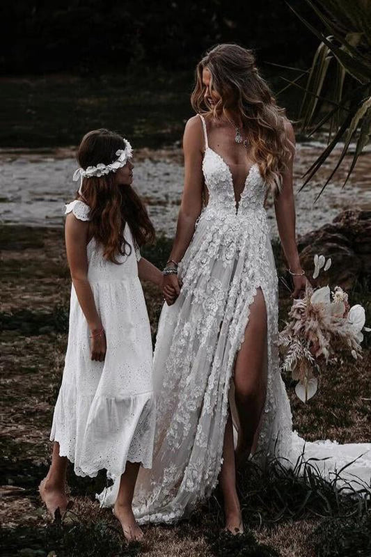 NumberSea Rustic A-line V-neck Side Slit Lace Beach Wedding Dresses, Bridal Gown, MW645