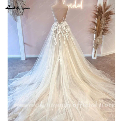 NumberSea Princess Floral Lace Wedding Dresses For Women Champagne Civil Boho Wedding Gowns Vestido De Novia Court Train