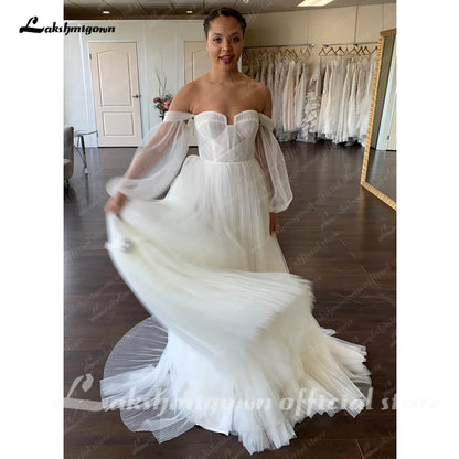 NumberSea Off the Shoulder Long Sleeves Wedding Dress for Women 2025 Robe Longue Pleat Soft Tulle Bridal Gowns