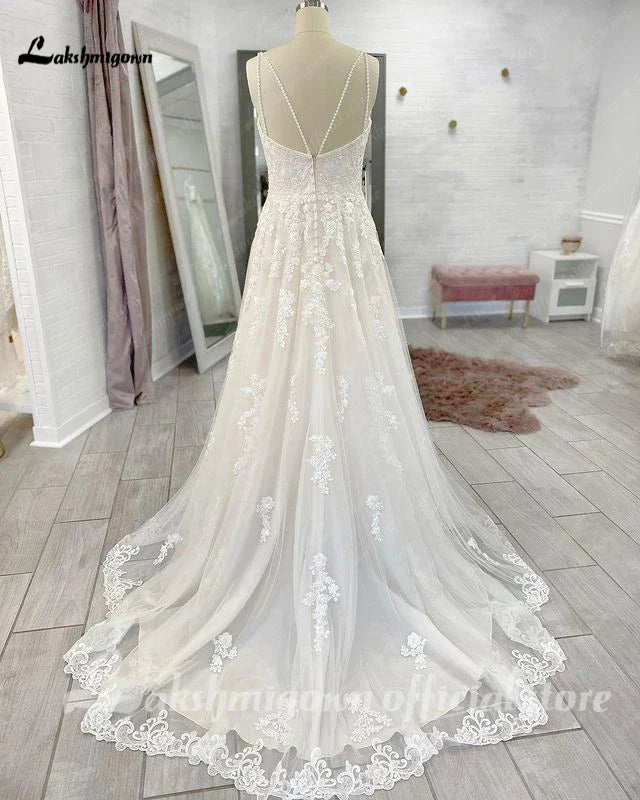 Sexy Spaghetti Straps Tulle Wedding Dress Backless Lace Bridal Gowns with Flowers party vestido de novia 2025 boda elegante