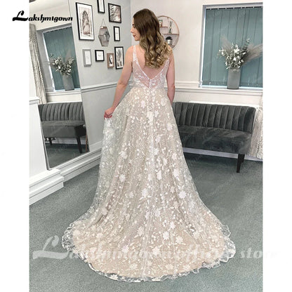 NumberSea Vintage Champagne Full Lace Boho Wedding Dress 2025 Vestidos Noivas V Neck Sexy Bridal Wedding Gowns Open Back