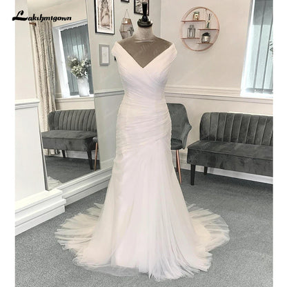 NumberSea Tüll Falten Meerjungfrau Formale Brautkleider mit Perlen Gürtel Off the Shoulder Off White 2025 Brautkleider 