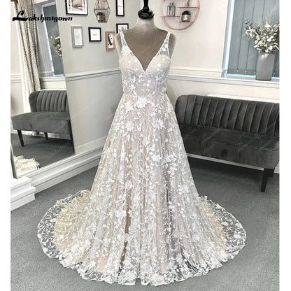 NumberSea Vintage Champagne Full Lace Boho Wedding Dress 2025 Vestidos Noivas V Neck Sexy Bridal Wedding Gowns Open Back