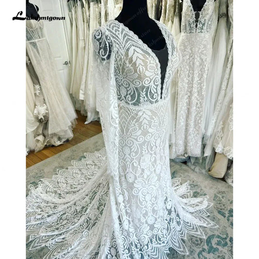 NumberSea Plunging V Neck Long Sleeves Lace Mermaid Wedding Gowns 2025 Robes Sexy Bridal Boho Beach Wedding Dress Backless